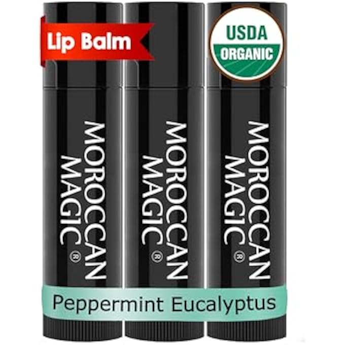 Moroccan Magic ORGANIC PEPPERMINT EUCALYPTUS LIP BALM 3 PACK | MADE WITH NATURAL COLD PRESSED ARGAN AND ESSENTIAL OILS | HIGH QUALITY LIP BALM | SMOOTH APPLICATION | NON-TOXIC, CRUELTY FREE - Image 1